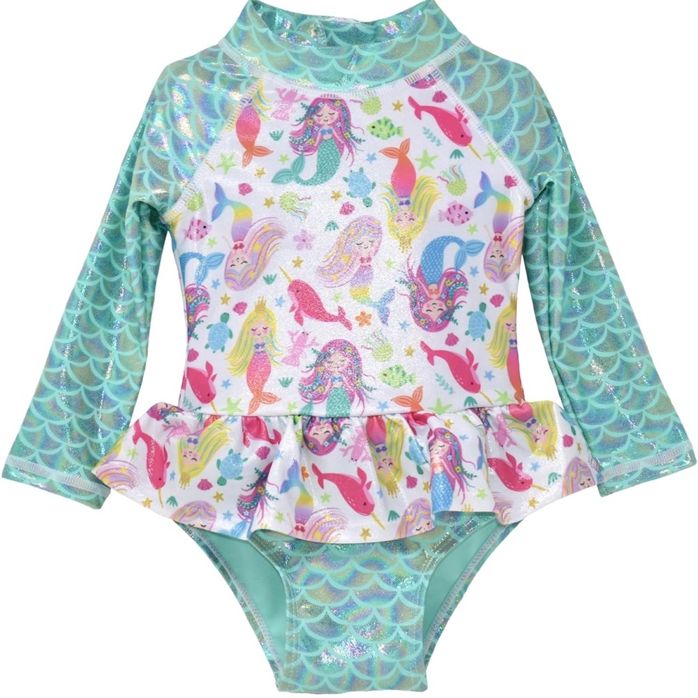 Flap Happy Girls' UPF 50+ Alissa Infant Ruffle Rash Guard Swimsuit Mermaid Bliss